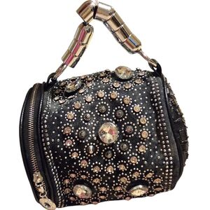 Rhinestone Studded Black Barrel Handbag Purse Bag Zip Y2K 90s Statement Bling